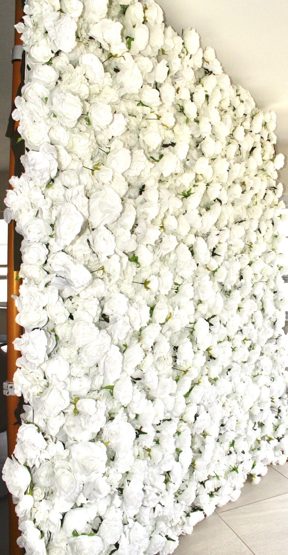White rose flower wall seen from the side, on its gold frame
